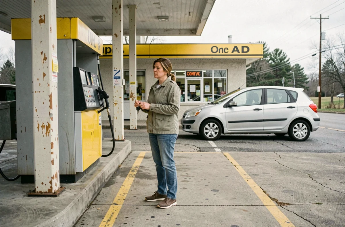 Femme faisant le plein dans une station-service de route secondaire pour économiser sur les frais d'autoroute et de carburant