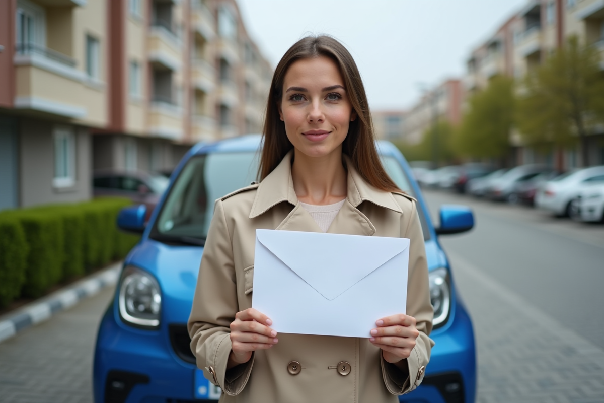 Femme tenant une plaque et une enveloppe près de sa voiture