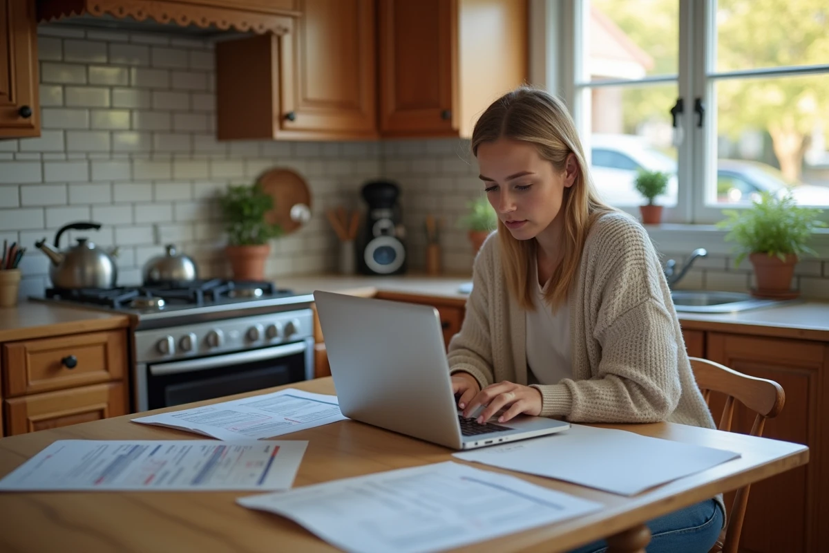 Jeune femme cherchant des informations auto sur un ordinateur portable dans la cuisine