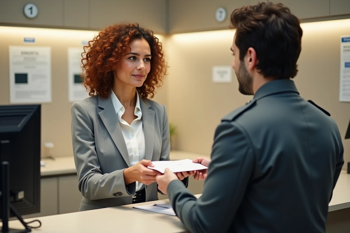 Femme contestant une amende italienne en déposant un recours dans un bureau de poste en Italie