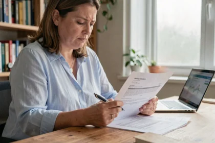 Femme lisant un contrat d'assurance auto à son bureau pour le résilier via la loi Hamon