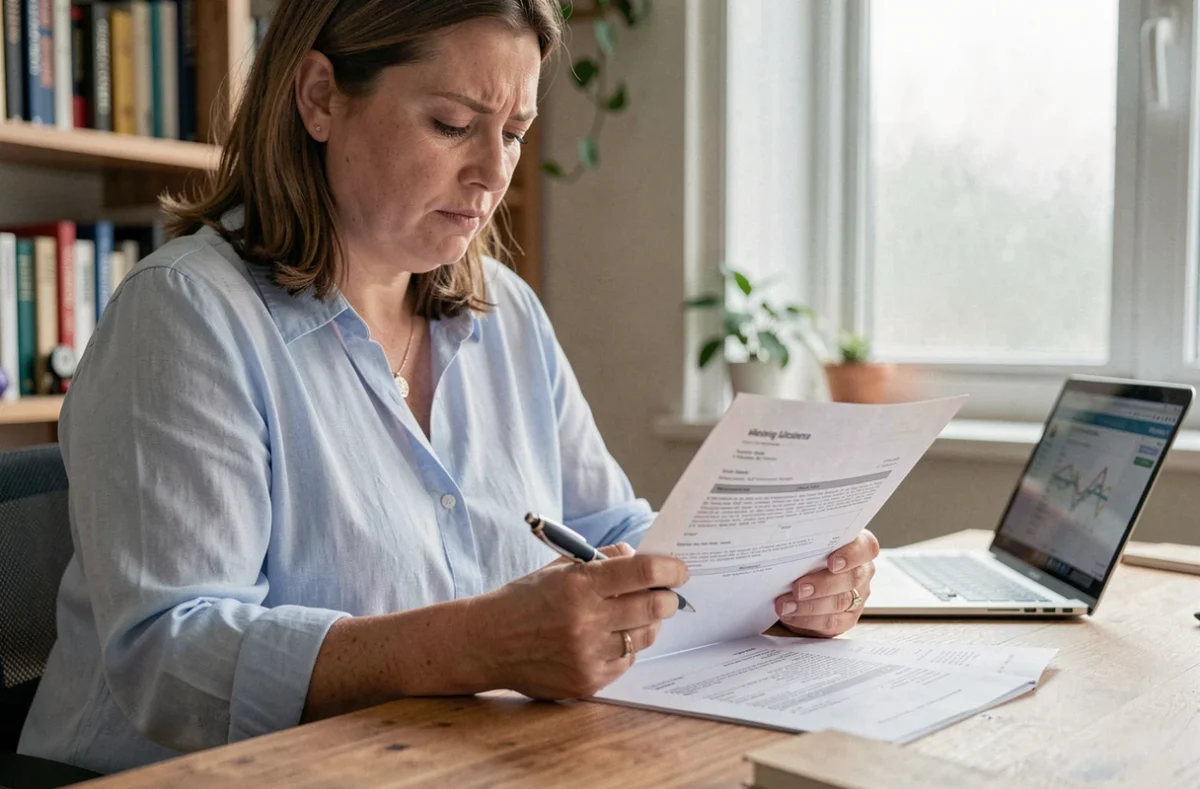 Femme lisant un contrat d'assurance auto à son bureau pour le résilier via la loi Hamon