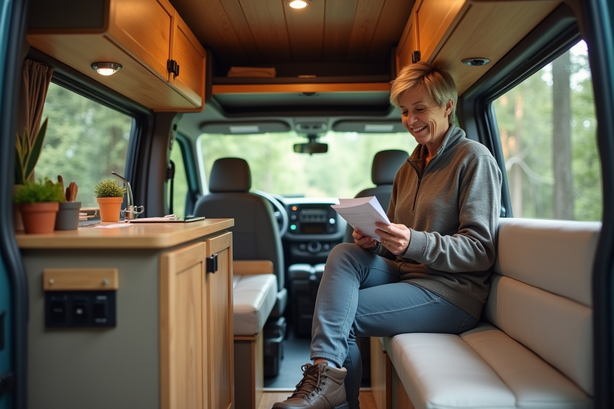 Femme relaxant dans un van fini en train de vérifier ses papiers