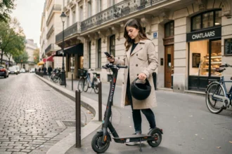 Jeune femme déverrouillant un scooter partagé Mober à Paris via son smartphone sur un trottoir haussmannien