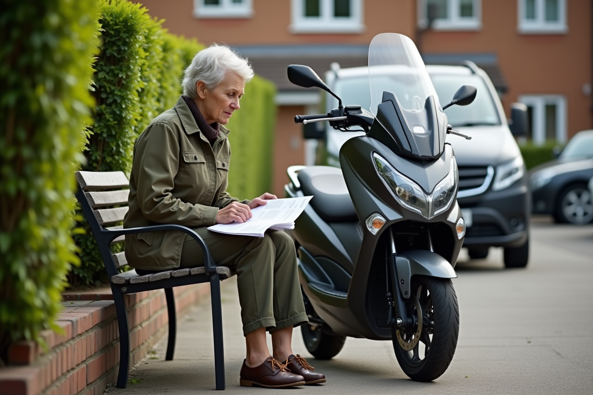 Femme assise avec scooter TMAX 560 dans la cour