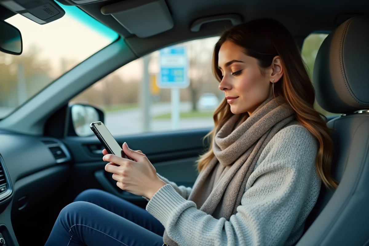 Jeune femme dans sa voiture utilisant son smartphone avec un regard concentré