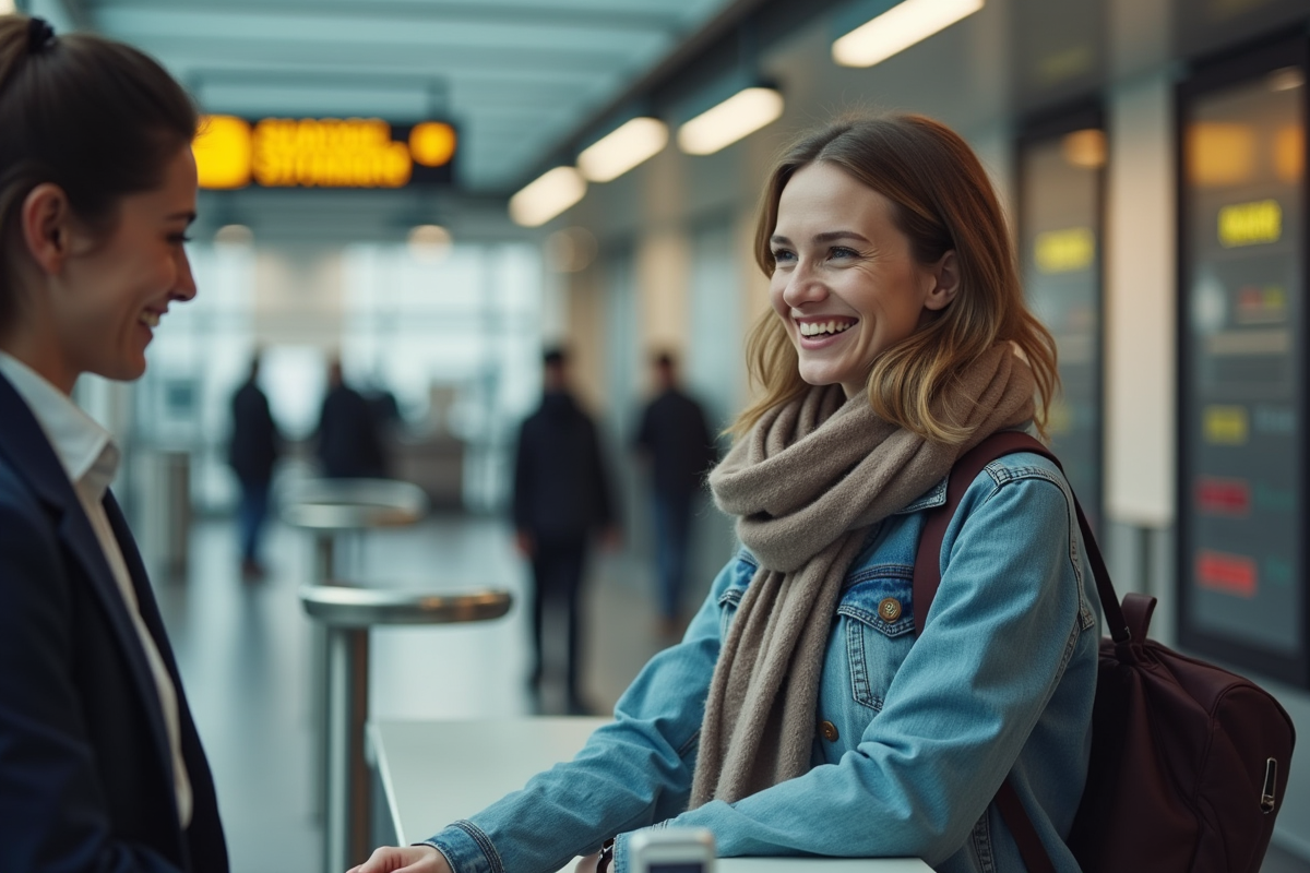 Jeune femme souriante parlant à un agent de transport urbain