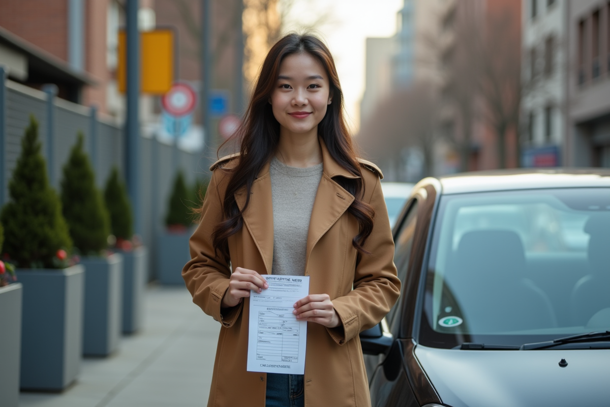 Jeune femme avec un reçu de remorquage sur une rue urbaine
