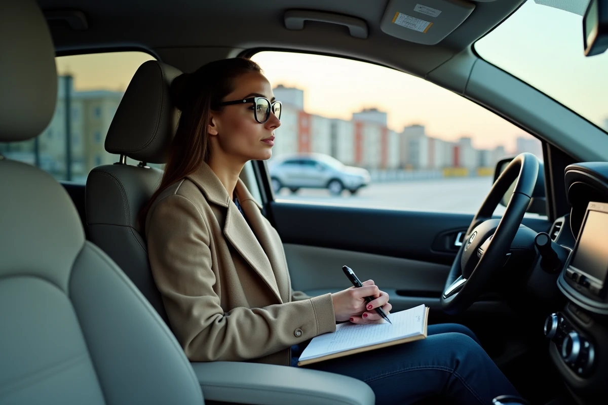 Femme dans SUV prenant des notes sur le tableau de bord