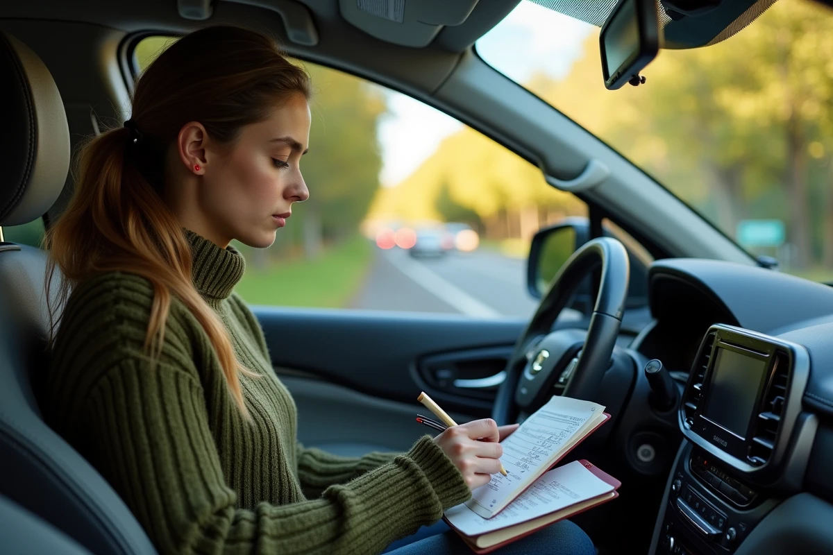 Femme vérifiant un reçu de carburant dans une voiture moderne