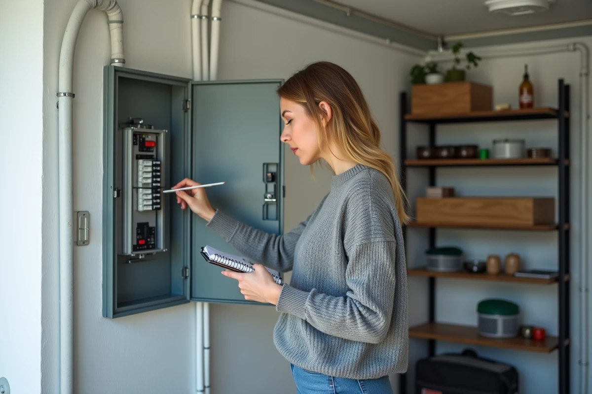 Femme prenant des notes devant un tableau électrique pour calculer sa consommation électrique