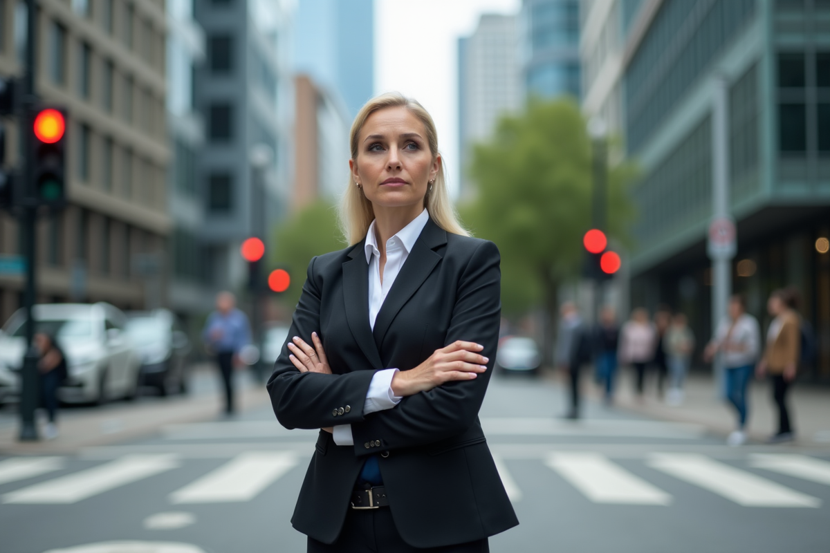 Femme d'affaires attente au feu rouge en ville