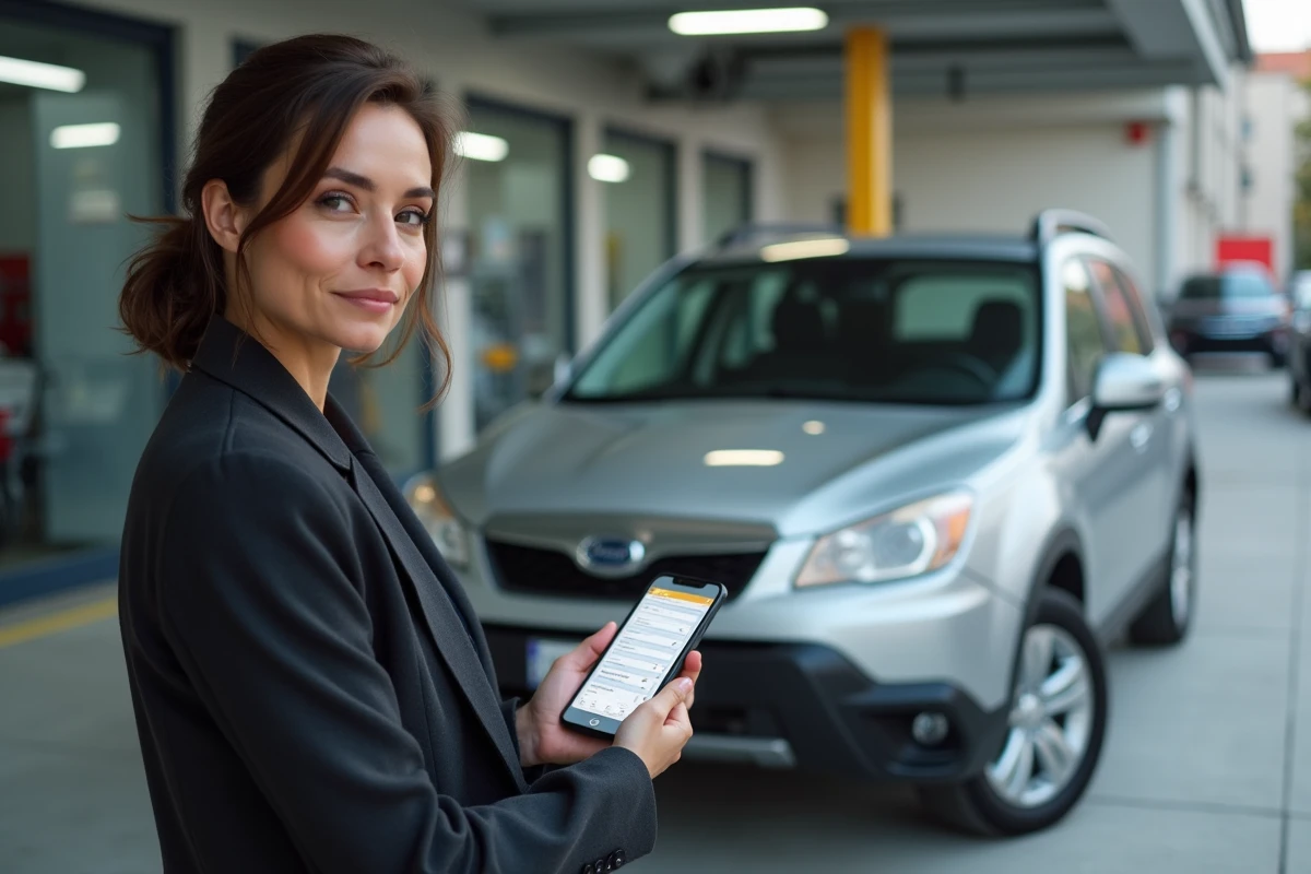 Femme vérifiant les frais de carte grise sur son téléphone devant un véhicule dans un garage automobile