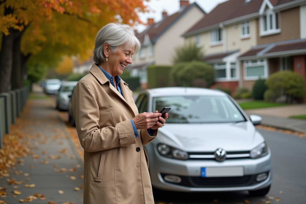 Femme vérifie une assurance avec son smartphone à côté de sa voiture