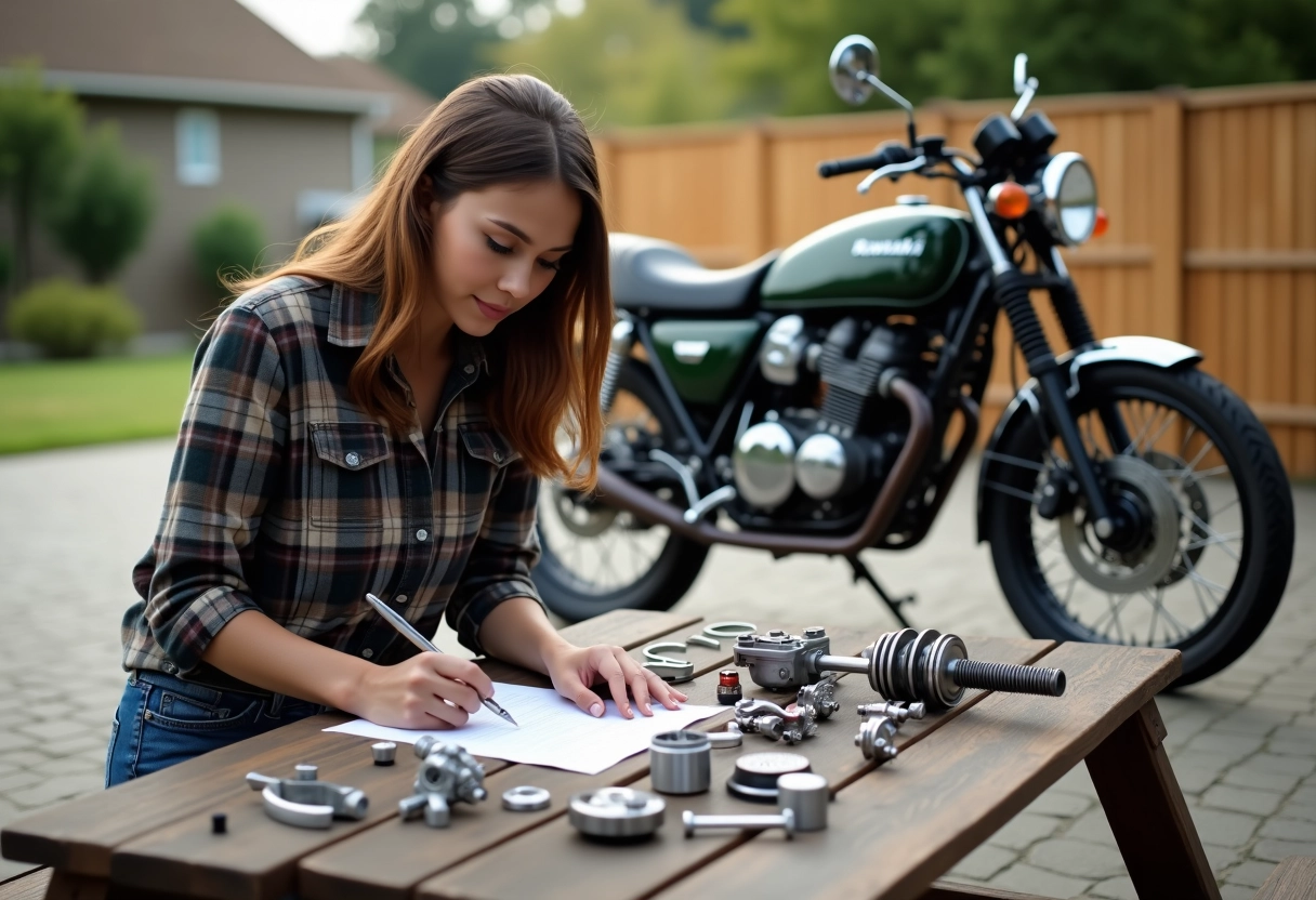 Jeune femme examine une liste de pièces de moto sur une table extérieure