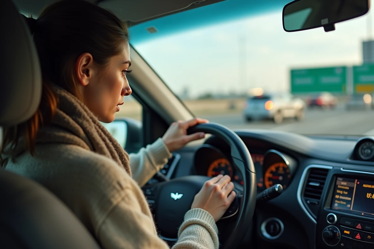 Femme v&eacute;rifie le manuel de voiture sur l&rsquo;autoroute en urgence