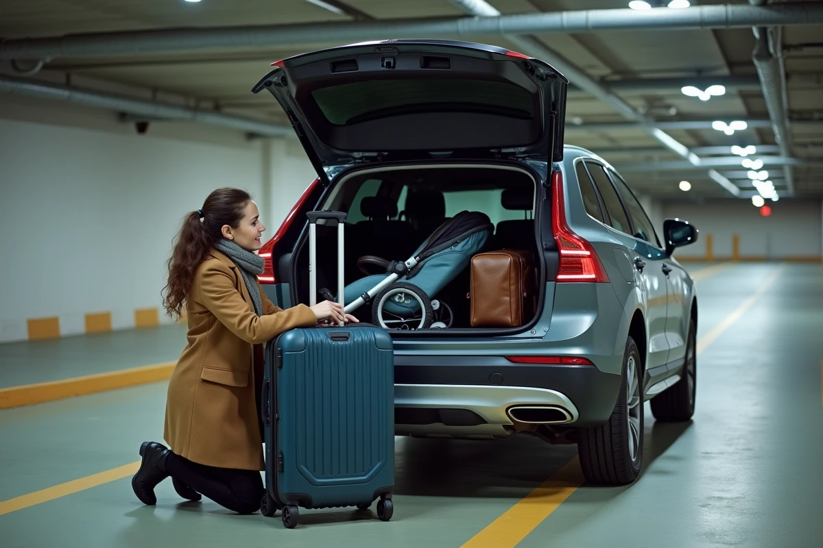 Femme arrangeant valises dans coffre de voiture en parking