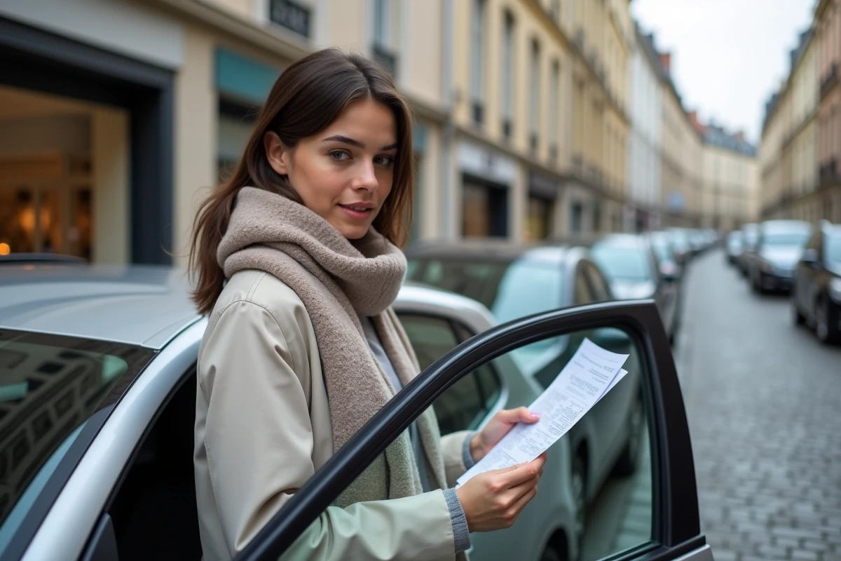 Jeune femme v&eacute;rifiant un document &agrave; c&ocirc;t&eacute; de sa voiture en ville