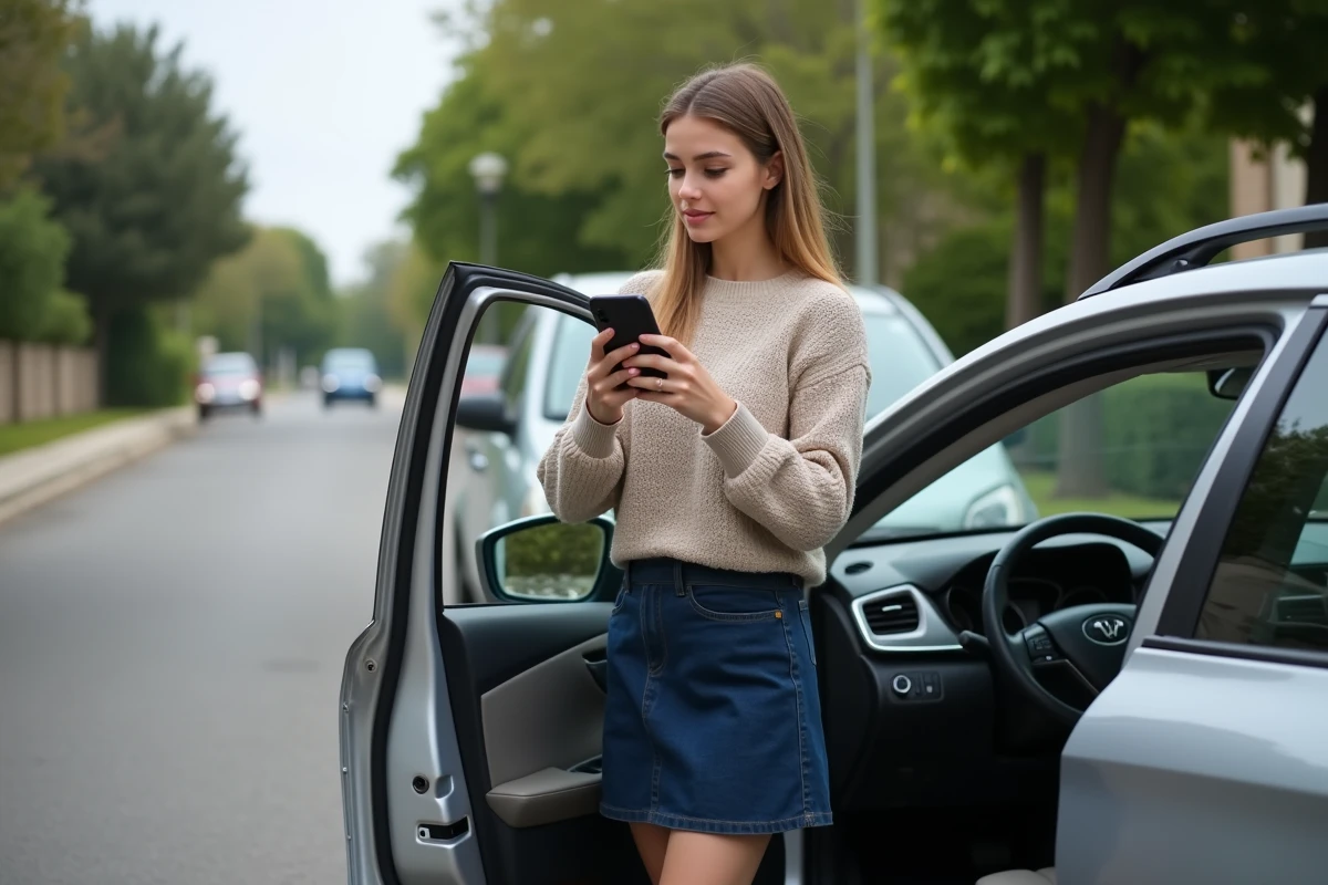 Jeune femme avec smartphone près de sa voiture en rue calme
