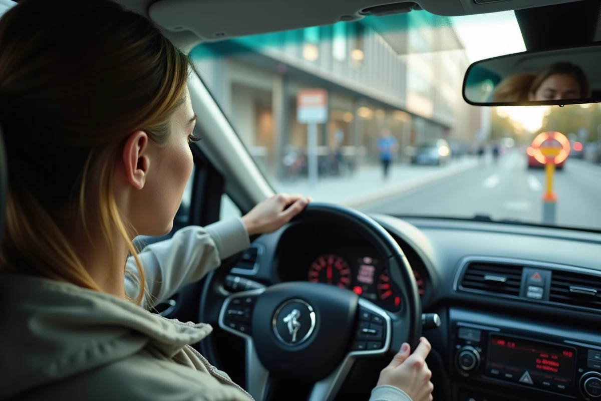 Jeune femme dans voiture v&eacute;rifiant radar en ville