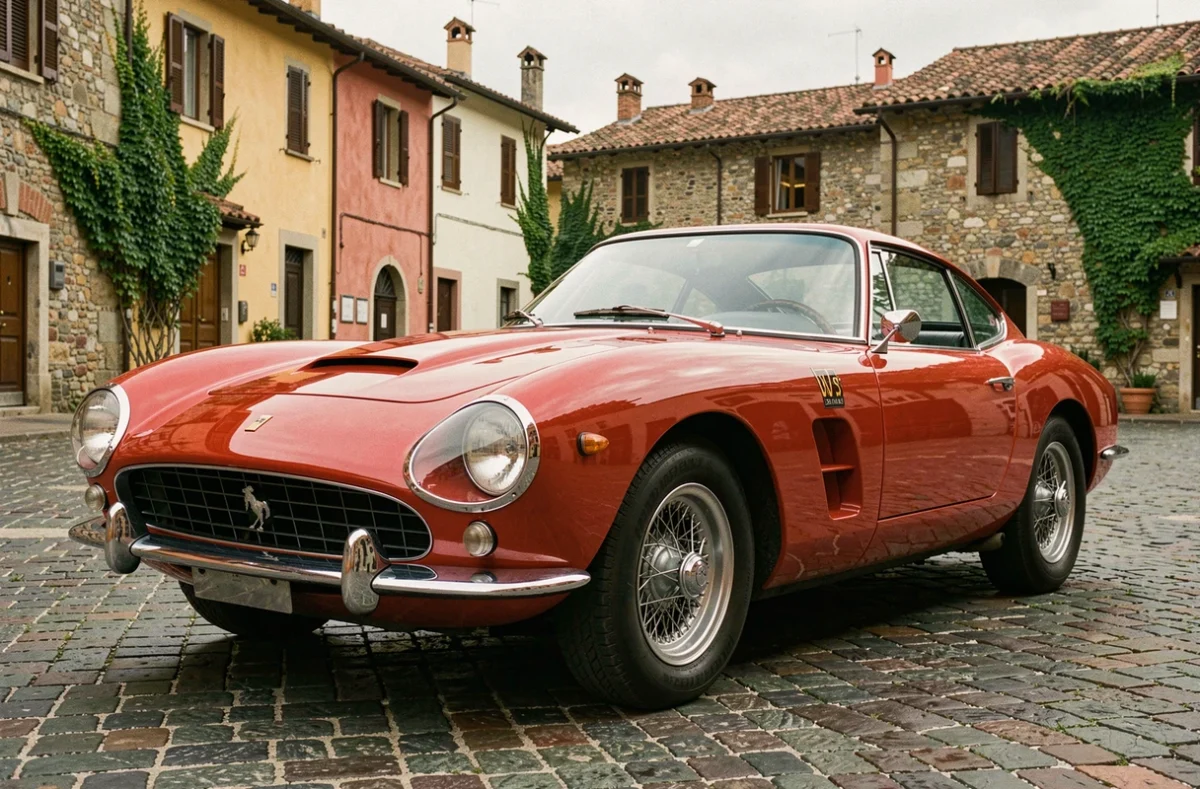 Ferrari 250 GT rouge des années 1960 garée sur une piazza pavée dans un village italien