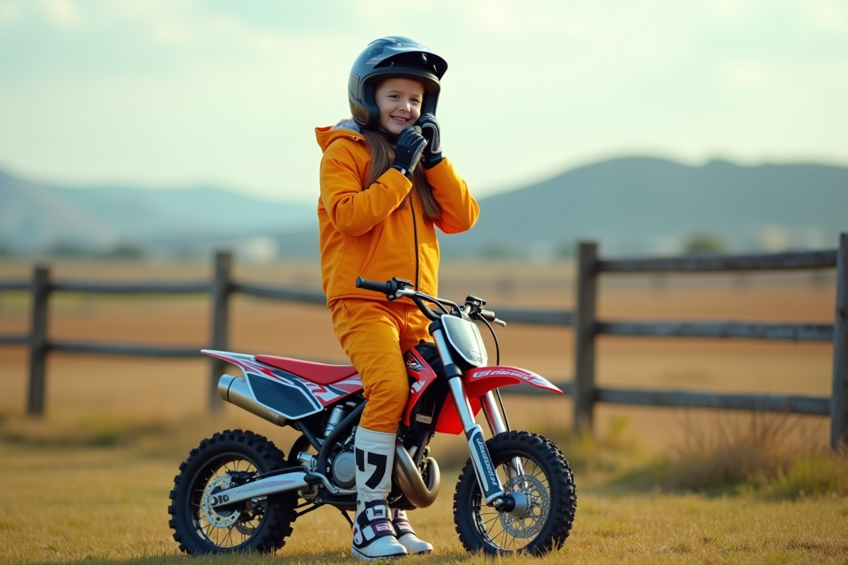 Fille de 12 ans ajustant ses gants à côté de sa moto