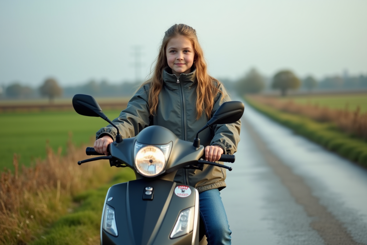 Fille de 14 ans préparant son scooter dans la campagne