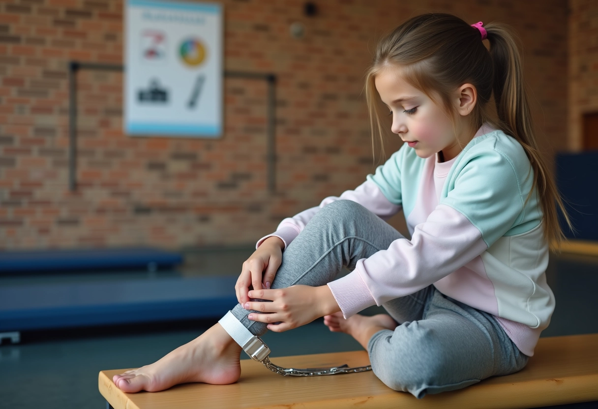 Fille de 12 ans attachant une poulie de résistance en salle