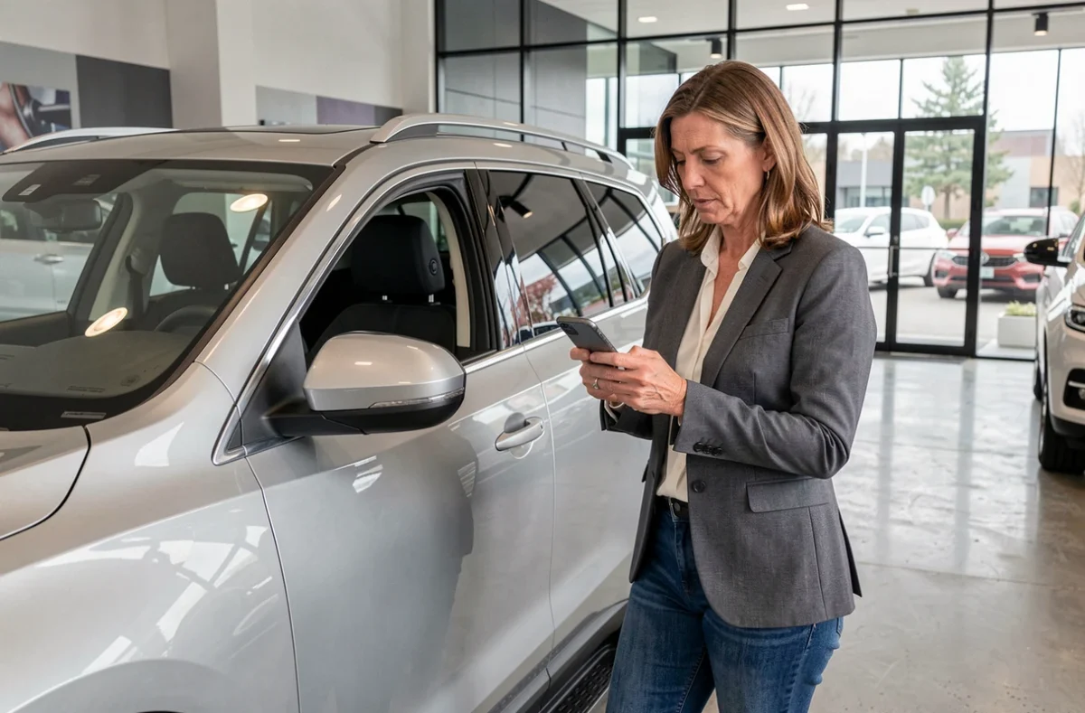 Future acheteuse automobile consultant les actualités caradisiac sur son smartphone dans une concession automobile