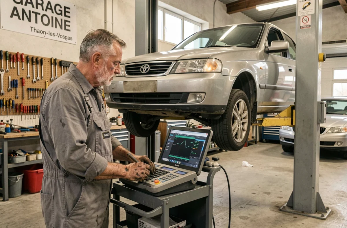 Mécanicien réalisant un diagnostic moteur sur une voiture élevée sur pont au Garage Antoine à Thaon-les-Vosges