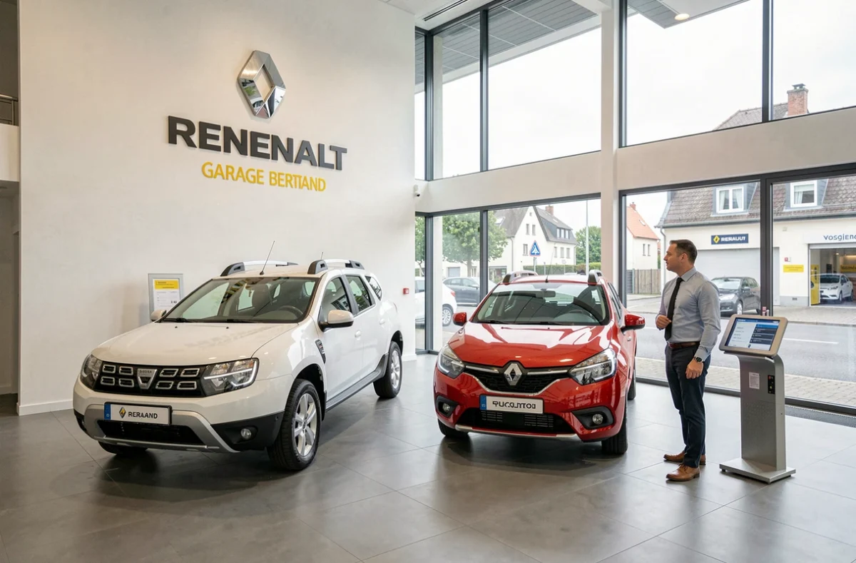 Salle d'exposition du Garage Bertrand agent Renault et Dacia avec une Dacia Duster et une Renault Clio dans les Vosges