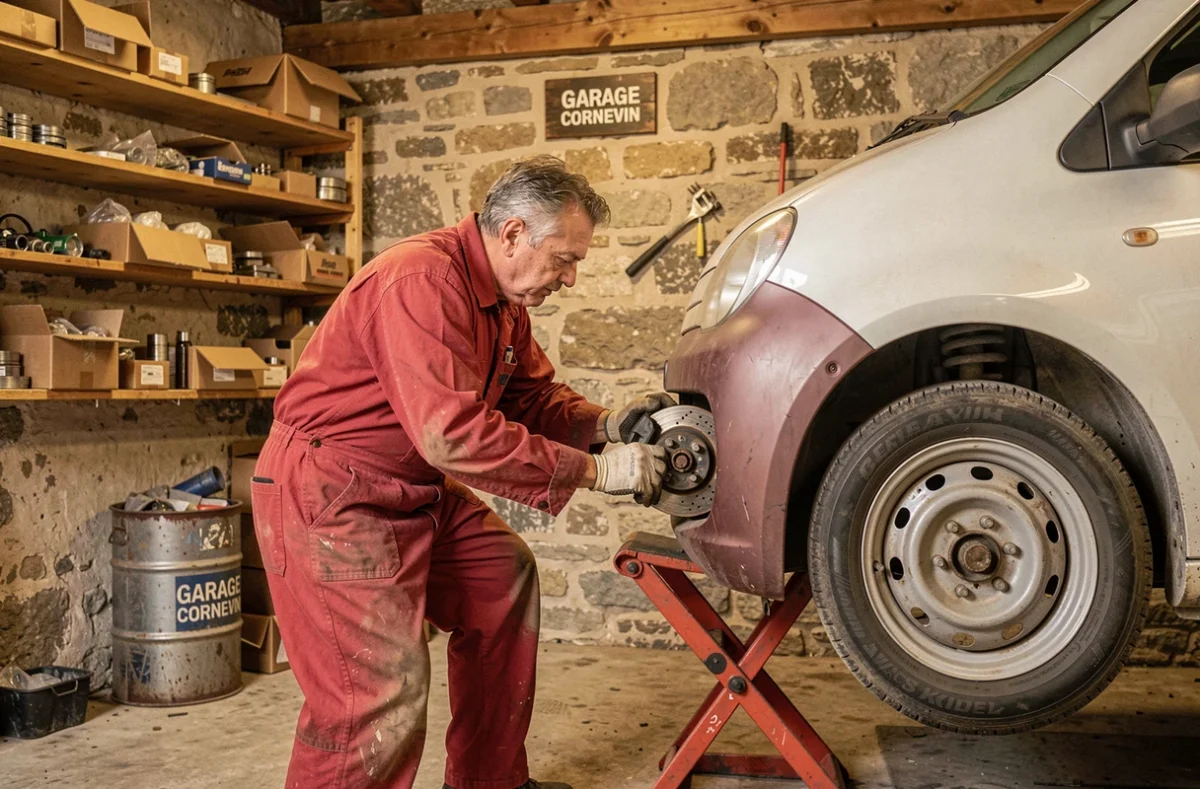 Mécanicien du Garage Cornevin changeant des plaquettes de frein sur un véhicule dans un garage vosgien aux murs en pierre