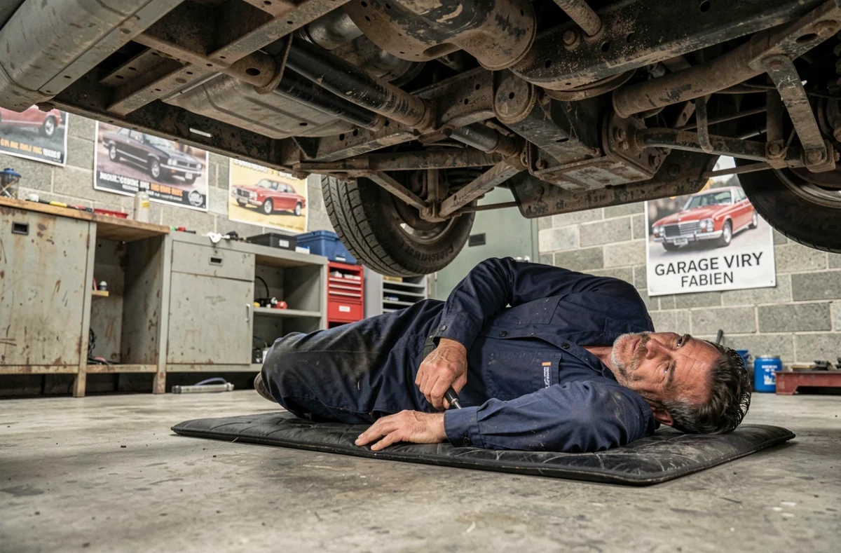 Mécanicien Fabien Viry travaillant sous un véhicule dans son garage indépendant dans les Vosges