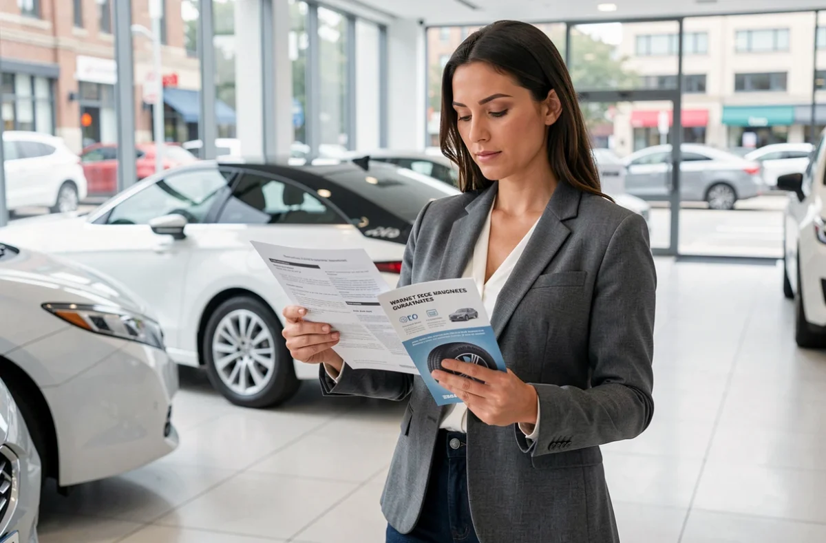 Femme lisant un document de garantie constructeur pneus dans une concession automobile