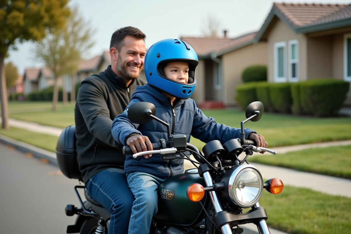 Jeune garçon avec casque bleu sur moto en Californie