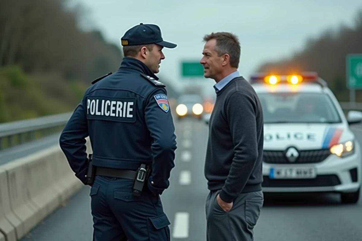Un gendarme intervient auprès d'un automobiliste immobilisé sur le bas-côté du périphérique de Toulouse lors d'un accident de la route