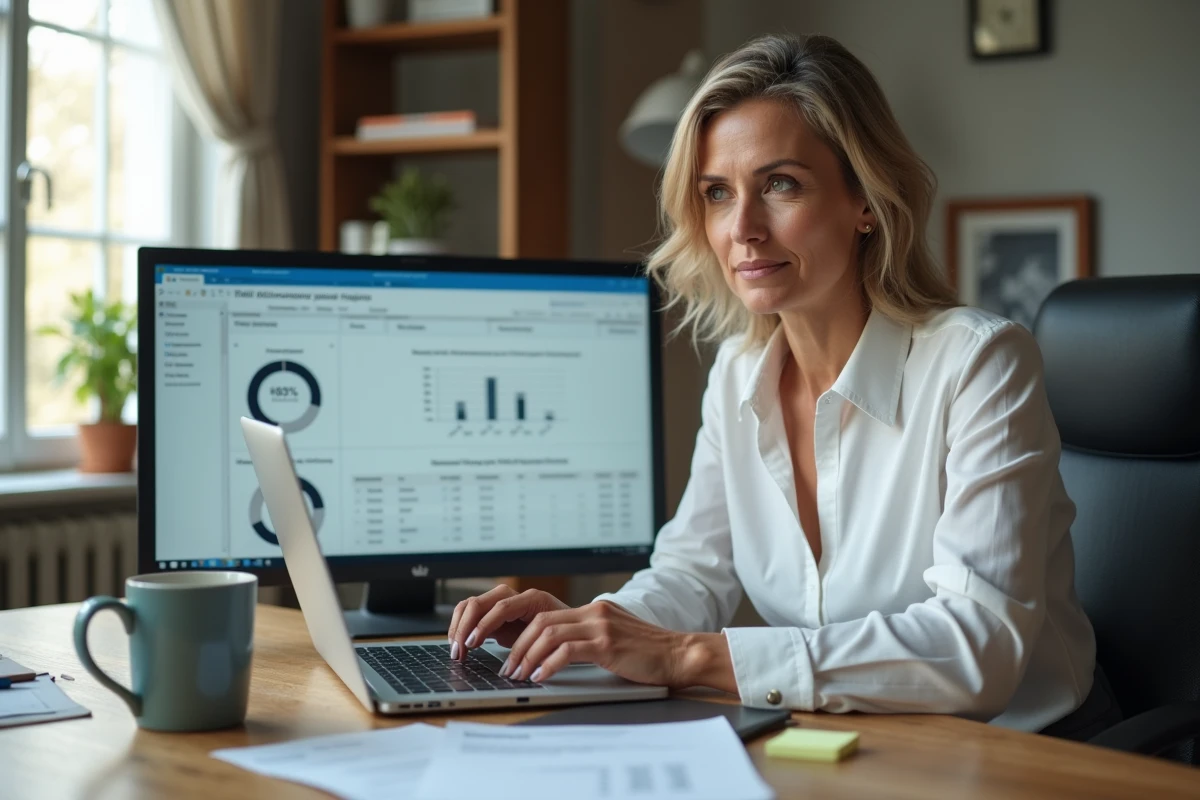 Femme gérant les documents administratifs de sa voiture depuis un bureau à domicile sur ordinateur portable