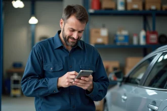 Homme consultant une application de gestion automobile sur smartphone dans un garage privé bien organisé