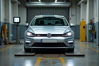 Volkswagen Golf 7 argentée posée sur un pont-bascule dans un centre de contrôle technique pour mesure du poids en ordre de marche