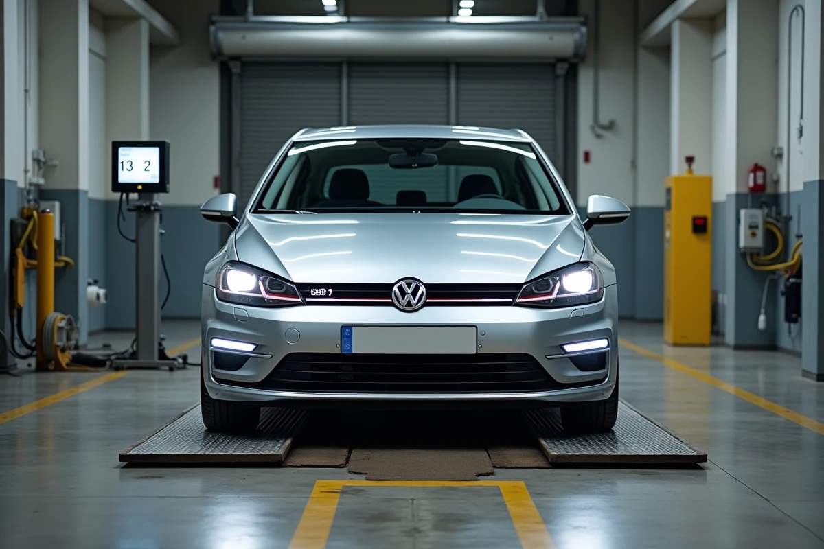 Volkswagen Golf 7 argentée posée sur un pont-bascule dans un centre de contrôle technique pour mesure du poids en ordre de marche