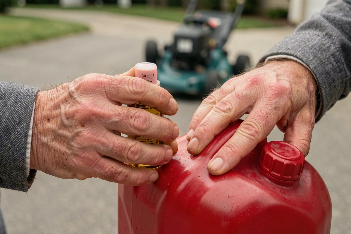Gros plan sur les mains d'un homme dosant l'huile dans un bidon d'essence pour un moteur deux temps