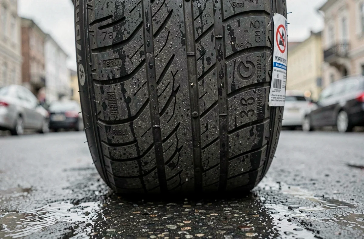 Gros plan sur la bande de roulement d'un pneu 365 avec étiquette de garantie sur bitume mouillé
