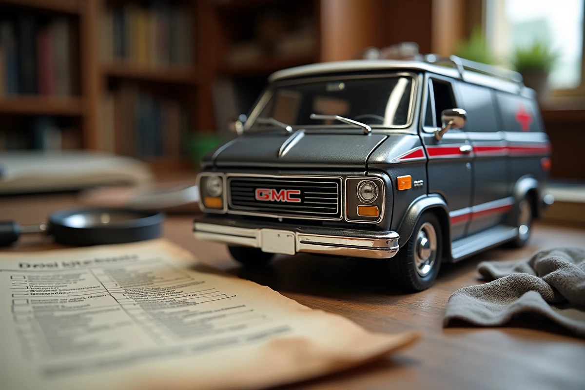 Gros plan sur une réplique du van GMC de l'Agence tous risques posée sur un bureau de collectionneur avec une loupe et une liste d'authentification
