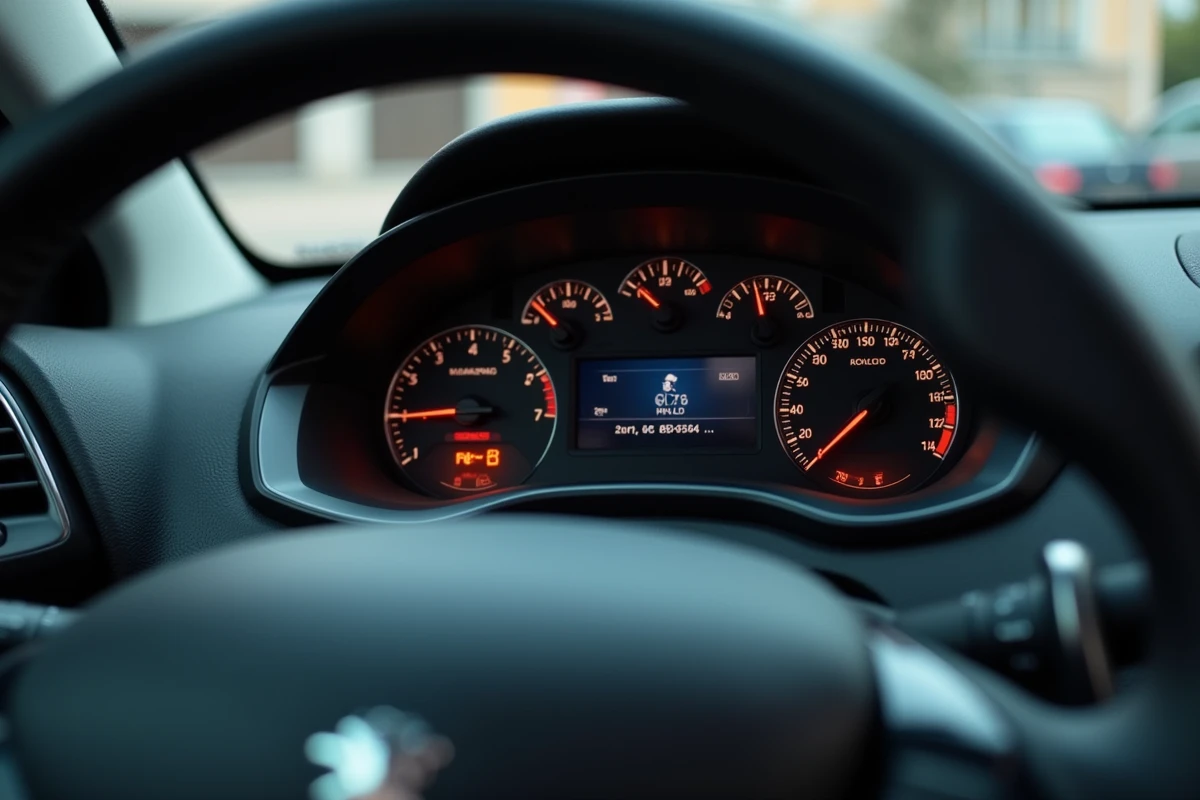 Gros plan sur le combiné d'instruments et les voyants du tableau de bord d'une Peugeot 208 d'occasion avec un lecteur de diagnostic OBD connecté