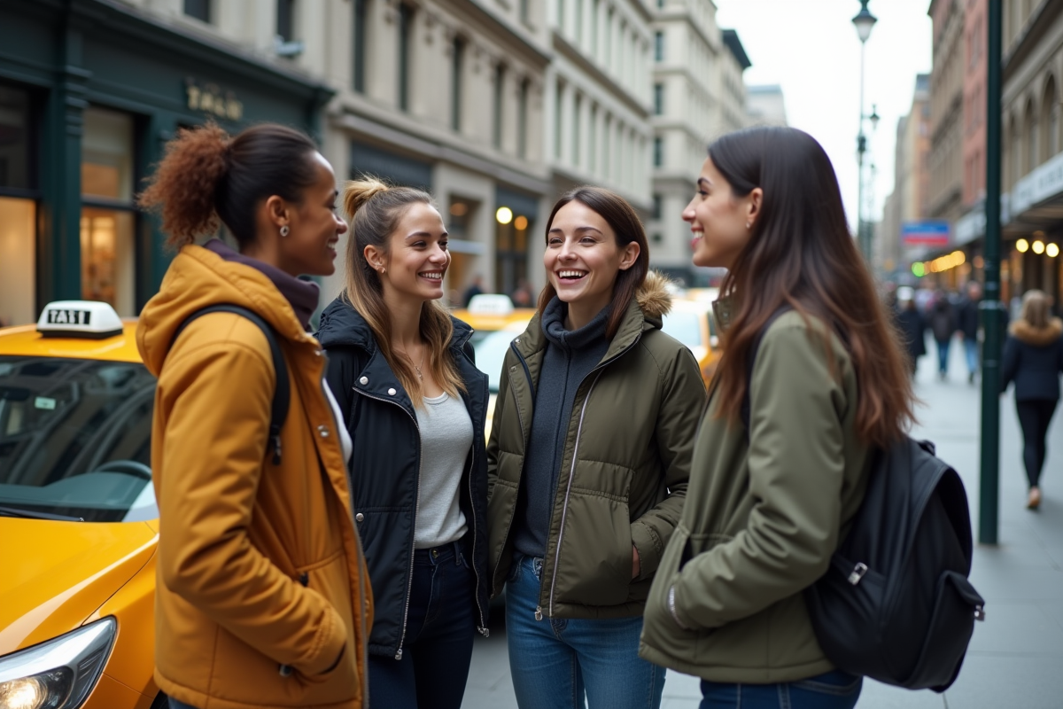 Groupe de jeunes adultes attendant au stand de taxi urbain