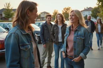 Groupe d adultes discutant près de voitures classiques et modernes