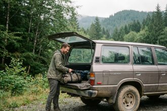 Homme chargeant un 4x4 en pleine nature