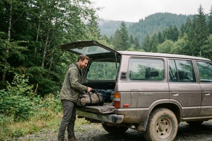 Homme chargeant un 4x4 en pleine nature
