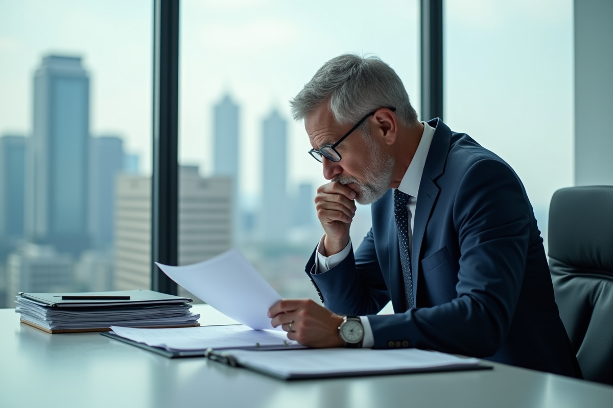 Homme d affaires en costume bleu examine des documents