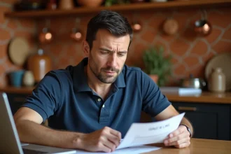 Homme examinant une amende italienne à son domicile avec un document officiel sur la table